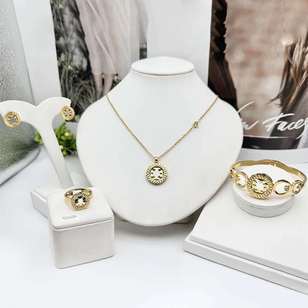 Tory Burch Stainless Steel Circle Letter 4 Piece Set Earrings Necklace